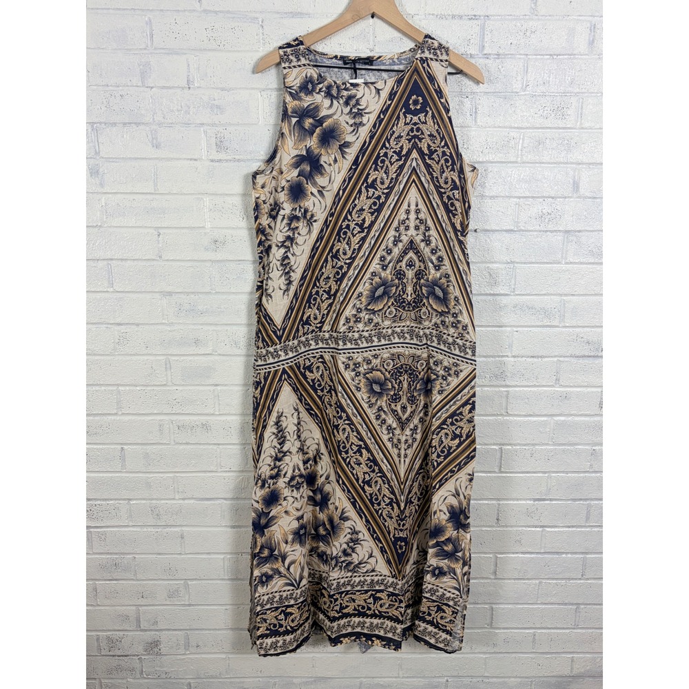 Francesca Bettini Linen Blend Maxi Dress Women L Blue Gold Floral Paisley Italy